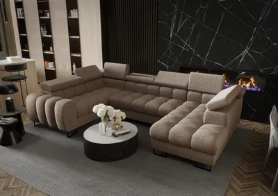 Produktbild von Wohnlandschaft Schlafsofa BASTIEN in Stoff Aragon Beige Ottomane Rechts