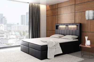 Produktbild von Bett mit 2 Bettkästen , ALDEN Boxspringbett , Pocket Matratze und Topper , Doppelbett Polsterbett , LED , H3 ( 200x200 cm , Schwarz - Kunstleder - Madryt 9100 )