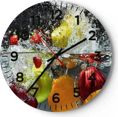 Produktbild von Wanduhr - Rund - Glasuhr - Früchte Wasser Spritzer Essen - 40x40cm - Schleichendes Uhrwerk - Lautlos - zum Aufhängen bereit - Dekoration Modern - Wanddekoration aus Glas - C4AR40x40-2972