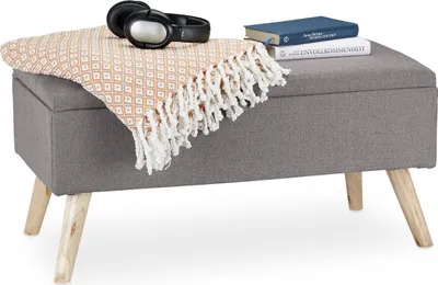 Produktbild von Relaxdays Sitzbank mit Stauraum, gepolstert, Holzbeine, Truhenbank Stoffbezug, HxBxT: 39,5 x 79,5 x 39,5 cm, hellgrau