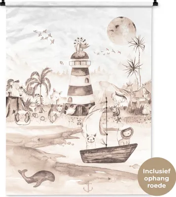 Produktbild von MuchoWow® Wandteppich Wandbehang Strand - Kinder - Leuchtturm - Alpaka - Meer - Tiere 90x120 cm Tapisserie Dekoration Wandtuch - Wanddeko