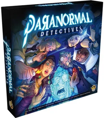 The image shows the front and side of a board game box for 'Paranormal Detectives'. The box art features several cartoonish characters looking surprised or scared, with a ghostly figure in the center.