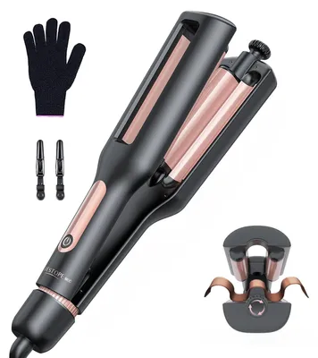 Produktbild von 4 In 1 Einstellbar Welleneisen für Haare - 22/25/32/38mm Lockenstab für Beach Waves/Natürlich Wellen/Wasserwellen/Mermaid Waves, Anzeige, 4 Temperaturen(140-210°C), 3 Fässer Welleneisen, Schwarz Rose