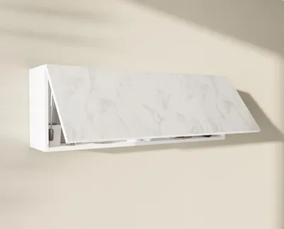 A white wall cabinet with a marble-patterned door is mounted on a light-colored wall.