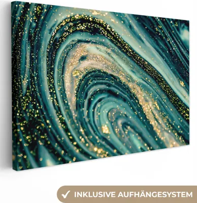 Produktbild von MuchoWow® - Leinwandbilder - Marmoroptik - Luxus - Gold - Türkis - Glitzer, Wandbild, Wanddeko Bilder Wohnzimmer, 120x80 cm
