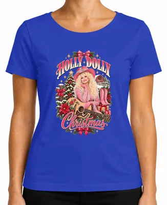 Imagen del producto de Camiseta para mujer con diseño "Holly Dolly Christmas" estilo country western, con motivos de vaquera y guitarra, color azul, talla 3XL
