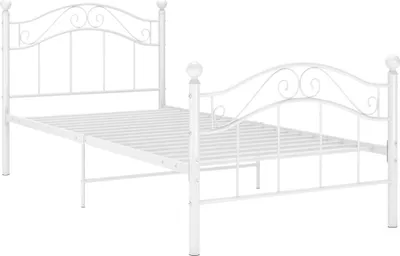 A white metal bed frame with a headboard and footboard, shown against a white background.