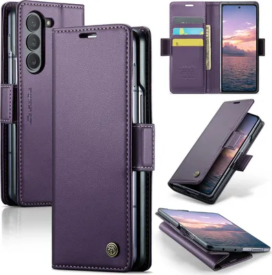 Produktbild von Lederhülle für Samsung Galaxy Z Fold 6 Brieftasche Kartenfach Schutzhülle mit Standfunktion Lila