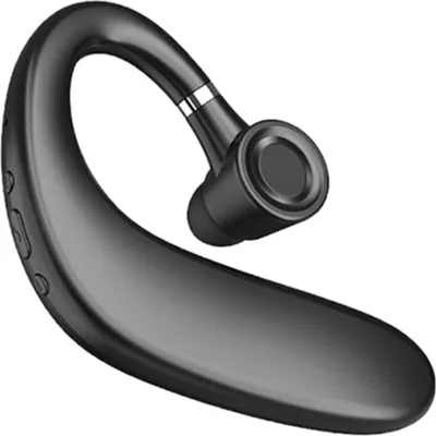 A black wireless earbud with an over-ear hook.