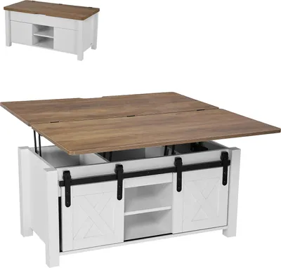 A lift-top coffee table with a rustic design, featuring barn doors and hidden storage.