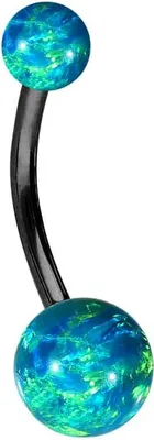 Produktbild von Bauchnabelpiercing Titan Bananabell SYNTHETISCHE OPALE Schwarz | Opalfarbe: Dunkelgrün Stablänge: 12mm