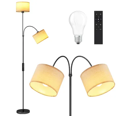 Productafbeelding van Puluomis LED staande lamp, 2 lampkoppen, 3 kleuren, traploos dimbaar, 360° verstelbare hals, met afstandsbediening, voetpedaal, 1 uur timer, 2x9W lampen
