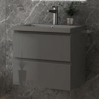 Produktbild von 60 cm Badmöbel-Set Unterschrank mit Dunkelgrau Mineralguss Waschbecken 2 Schubladen soft-close Hochglanz Anthrazit Selbstmontierter