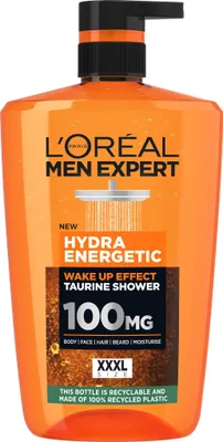 A bottle of L'ORÉAL Men Expert Hydra Energetic shower gel with a pump dispenser.