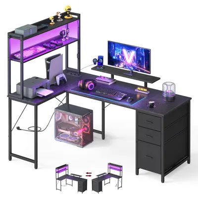 Produktbild von VASAGLE L-Form Schreibtisch, Eckschreibtisch mit Steckdosen und LED-Beleuchtung, mit Schubladen und Monitorständer, 160 x 100 x 150 cm, Schwarz, für Home Office, LWD163B101 – Größe 160 x 100 cm