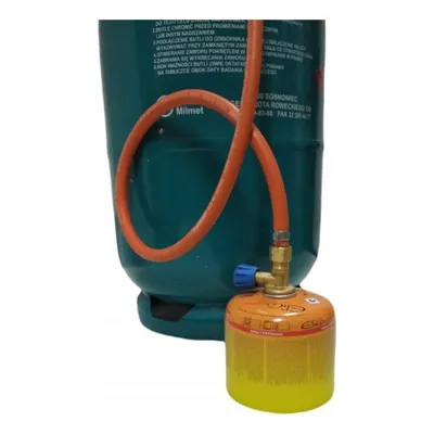 Image de Kit de tuyaux de transfert propane-butane Zatechs 1 m avec valve CFH 7/16" x 21,8 mm filetage à gauche pour le remplissage de cartouches de gaz bouteilles de 11 kg