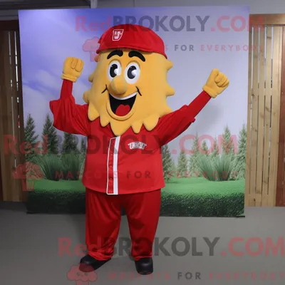 Immagine prodotto di Personaggio mascotte REDBROKOLY di patatine fritte rosse vestito con una camicia abbottonata e fasce per la testa