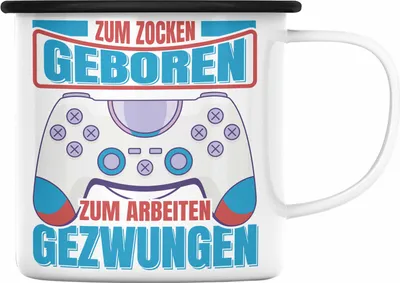 Produktbild von Trendation - Lustige Gamer Emaille Tasse Zocker Geschenk Gamer Gamergirl Geschenkidee Geburtstag Zum Zocken Geboren (Schwarz)