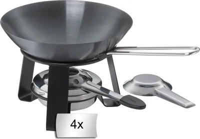 Produktbild von Mini-Wok mit Rechaud - Ø 18 cm - Stahl - Edelstahlgriff - mit Pastenbrenner - 4er Set