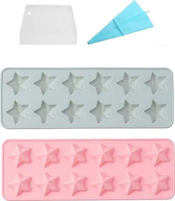 Obrázek produktu pro 2 kusy 12dílné 3D hvězdicové formy na čokoládu nepřilnavé silikonové formy na pečení pro výrobu kostek ledu, želé, čokolády, mýdla, tvarování cukrovinek, s potrubím a škrabkou