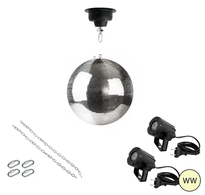 Produktbild von Spiegelkugel Komplettset 30cm mit Motor, 2 x LED Pinspot (warmweiss) und Montagematerial PREMIUM