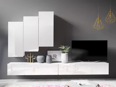 Produktbild von Wohnwand CALABRINI-20 Wohnzimmer-Set Hängewohnwand Schrankwand Schrank TV-Schrank Moderne Anbauwand Hochglanz (Weiß)