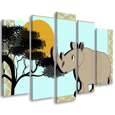 Produktbild von 5-teiliges leinwandbild rhinozeros 100x70 cm Feeby grau wandbild bereit zum aufhängen