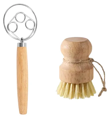 Deense deeggarde aus Edelstahl mit Holzgriff, inkl. Teigmixer und Bürste