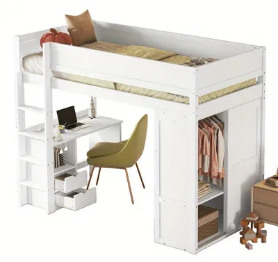 Image de Lit superposé multifonctionnel avec armoire, bureau et tiroirs de rangement