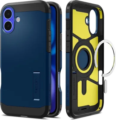 A blue phone case with a yellow interior and a silver ring accessory is shown from multiple angles.