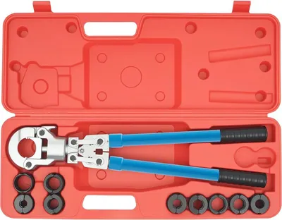 Image de Kit d'outils de sertissage PEX - Pince manuelle CW-1632 - Force de serrage de 6 tonnes - Tête pivotante à 360° - 9 mâchoires de sertissage - Pour tubes PEX/cuivre/aluminium - Multicolore