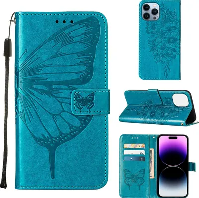 Obrázek produktu pro Pouzdro pro iPhone 15 Pro, Motýlí Reliéf Flip Kožené Pouzdro s Kapsami na Karty a Stojánkem modré