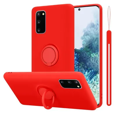 A red phone case with a ring holder is displayed from multiple angles against a white background.
