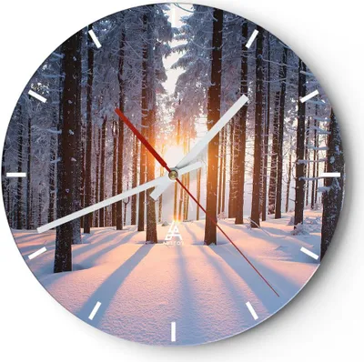 Produktbild von Wanduhr - Rund - Glasuhr - Wald Winter Schnee - 30x30cm - Schleichendes Uhrwerk - Lautlos - zum Aufhängen bereit - Dekoration Modern - Wanddekoration aus Glas - C3AR30x30-3629