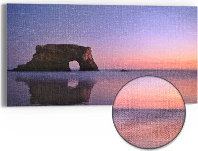 Produktbild von DEQORI Hybrid Leinwand Bild 60x30 cm 'Abendlicher Felsbogen' Wandbild Glas flach modern