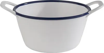 Produktbild von APS 84958 Teller ENAMEL LOOK, 15 x 11,5 cm, Höhe 6,5 cm, Melamin, weiß mit blauem Rand