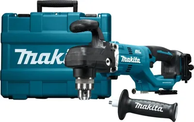 A teal Makita cordless angle drill with its black handle and a teal carrying case.