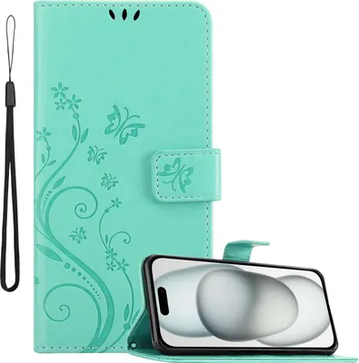 Obrázek produktu pro Cadorabo pouzdro pro Apple iPhone 15 PLUS v barvě FLORAL TURQUOISE Ochranný kryt v květinovém designu s magnetickým zapínáním, funkcí stojánku a přihrádkami na karty Flipové pouzdro Flower Cover Etui Handy Klapp Hülle Book Tasche