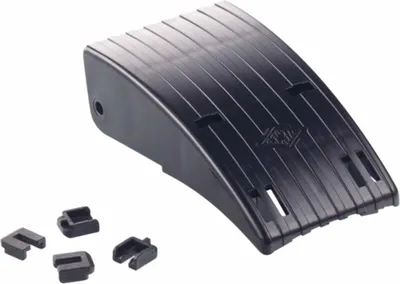 A black plastic hinge part and three small black plastic clips are shown on a white background.