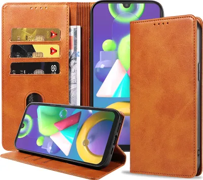 Produktbild von Smartphonica Samsung Galaxy M21 leren  hoesje met magnetische sluiting en pashouders book case – Bruin
