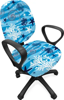 Produktbild von ABAKUHAUS Sea Shells Bürostuhl Schonbezug, Seesterne und Jakobsmuschel, dekorative Schutzhülle aus Stretchgewebe, Blau Dunkelblau Weiß