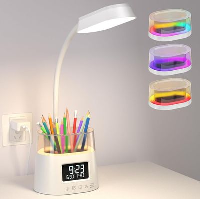 Schreibtischlampe LED Schwanenhals, 3 Farben RGB Stufenlos Dimmbare Tischlampe mit Stifthalter Uhr, Kinder Leselampe, Lernlampe