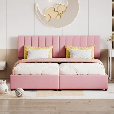 Produktbild von MODFU Kinderbett 180x200 Stauraumbett mit Matratze,Jugendbett mit hydraulisches Stauraum,Polsterbett Bettgestell aus hautfreundlichem Leinen, Rosa