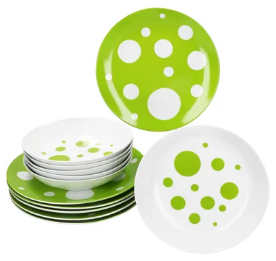 Obrázek produktu pro Pula zelené tečky 12ks jídelní servis porcelán 6 pers jídelní talíř polévkový talíř tečkovaný