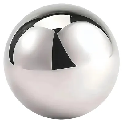 A highly reflective, spherical object, likely a ball bearing or a decorative sphere, is shown against a plain white background.