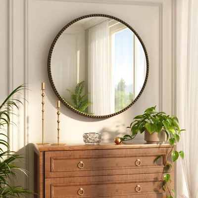 Immagine prodotto di Specchio da parete rotondo, diametro 60 cm, cornice in poliuretano effetto perle, colore marrone. Specchio da bagno in stile retrò, da appendere o appoggiare