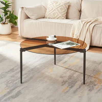 A living room scene with a couch, coffee table, and plant.