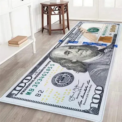 Produktbild von Waschbarer Läuferteppich mit 100-Dollar-Schein-Design, rutschfeste Gummirückseite, modern, mehrfarbig