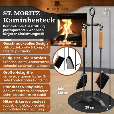 Produktbild von BLACK OAK Kaminbesteck ST. MORITZ 6-teilig – Ofenbesteck schwarz mit Holzgriff & Ständer