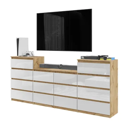 Produktbild von TV-Schrank / Kommode – 14 Schubladen, 220 cm – Wotan Eiche / Weiß Hochglanz – modernes Möbelset für das Wohnzimmer